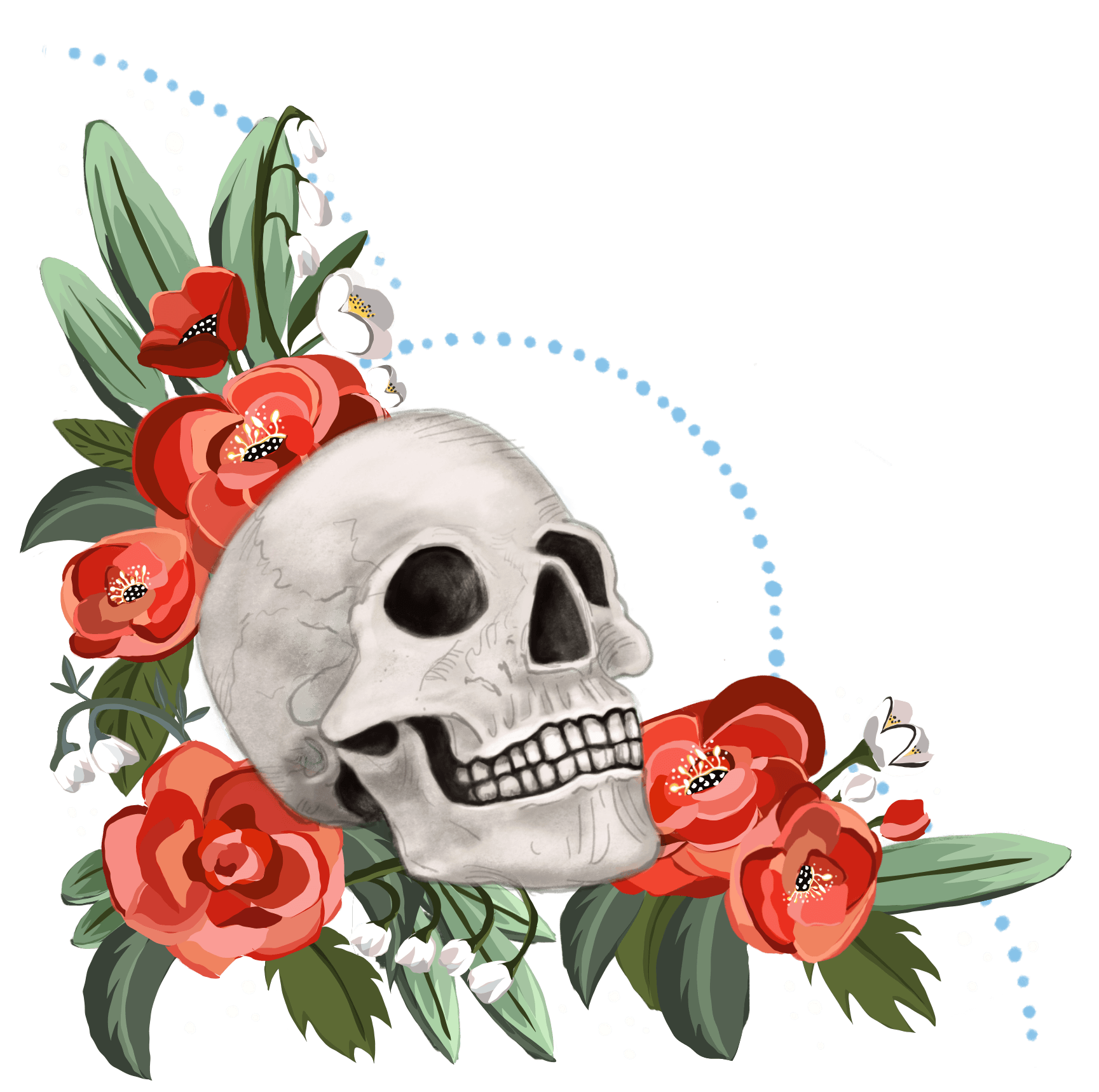 A skull is surrounded by flowers and leaves on a white background.