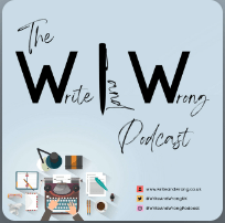 The logo for the write and wrong podcast with a person sitting at a desk.