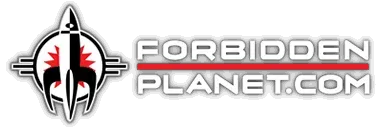 A logo for forbidden planet.com with a rocket on it