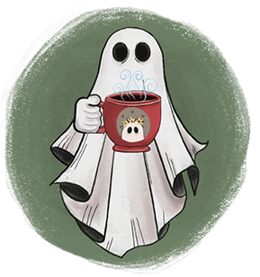 A ghost is holding a cup of coffee.