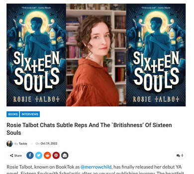 A woman is standing in front of a book called sixteen souls.