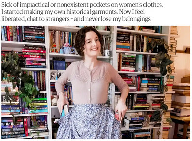 A woman is standing in front of a bookshelf wearing a skirt.