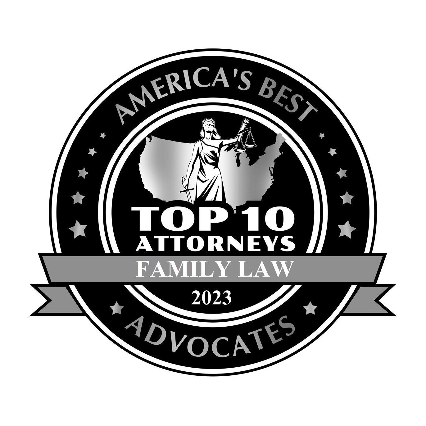 "America's Best Top 10 Family Law Attorneys 2023 badge with Lady Justice silhouette over a map of the USA."