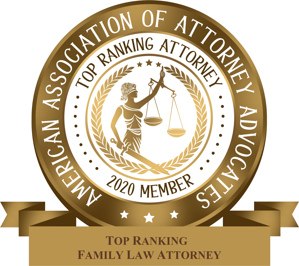 Seal of the American Association of Attorney Advocates, "Top Ranking Family Law Attorney," 2020 member. Features Lady Justice.
