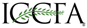 ICCFA logo with black letters and a green leaf branch across the center