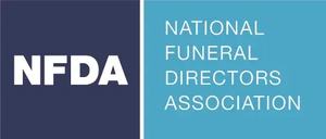 Logo of the National Funeral Directors Association. Features "NFDA" in white letters on a dark blue background and text on a teal background.