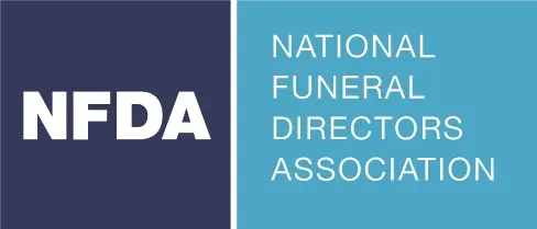NFDA logo with white letters on a dark blue square beside a teal panel reading National Funeral Directors Association