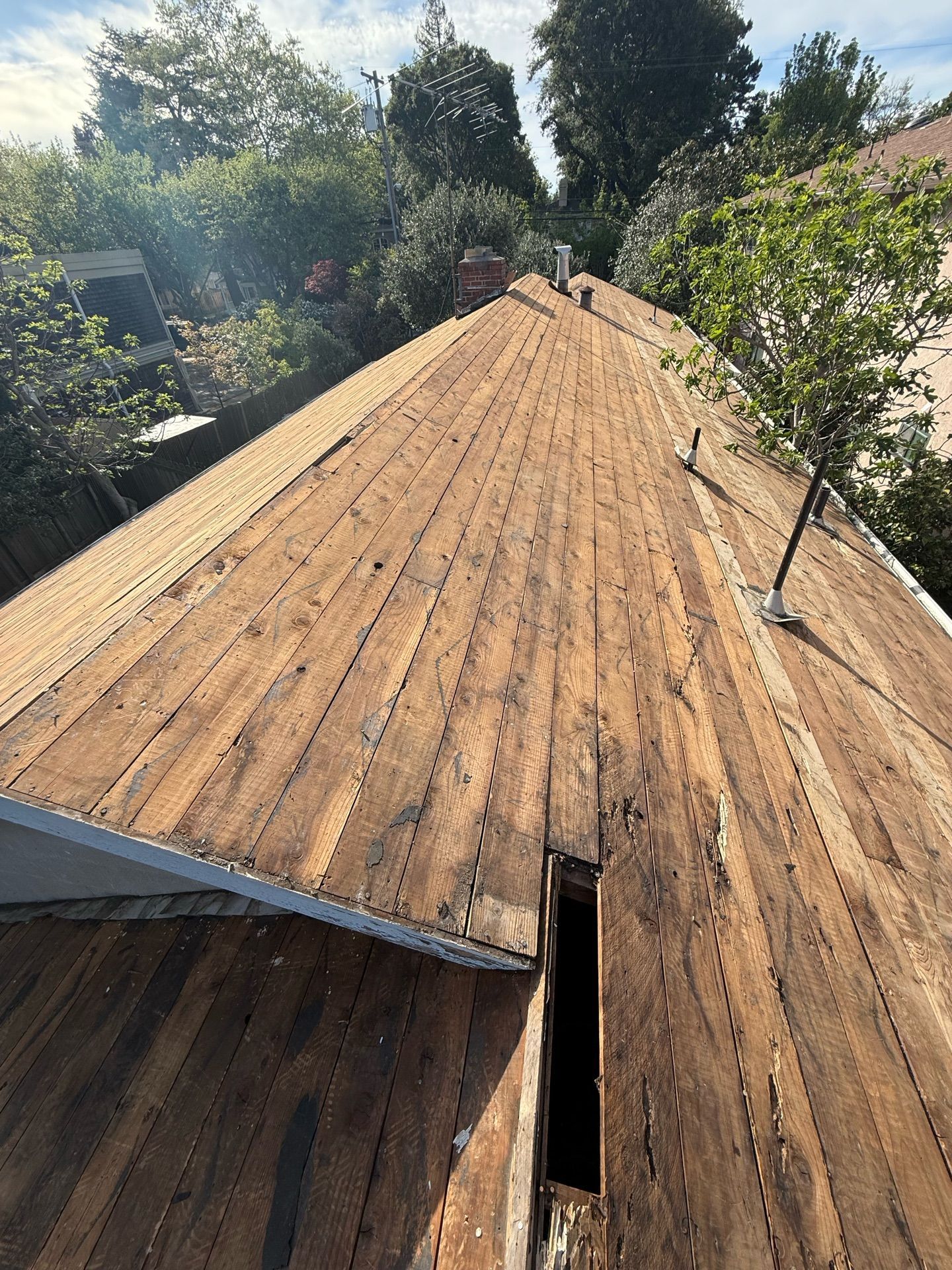 A wooden roof with a hole in it and trees in the background.