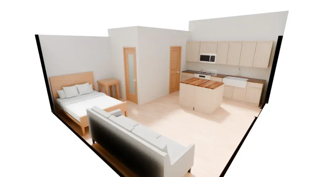 A 3d rendering of a bedroom , living room , and kitchen.