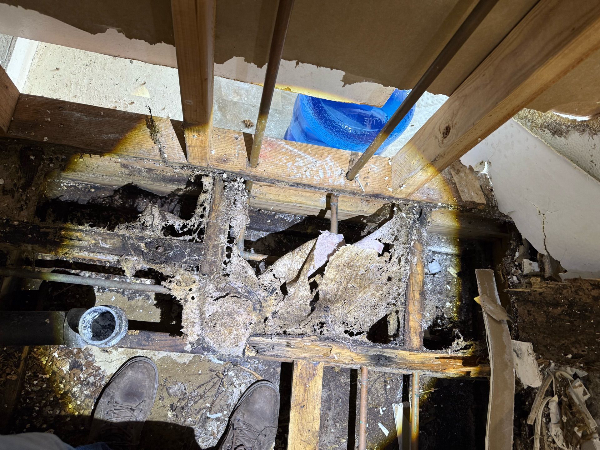 A person is standing in a hole in the floor of a building.