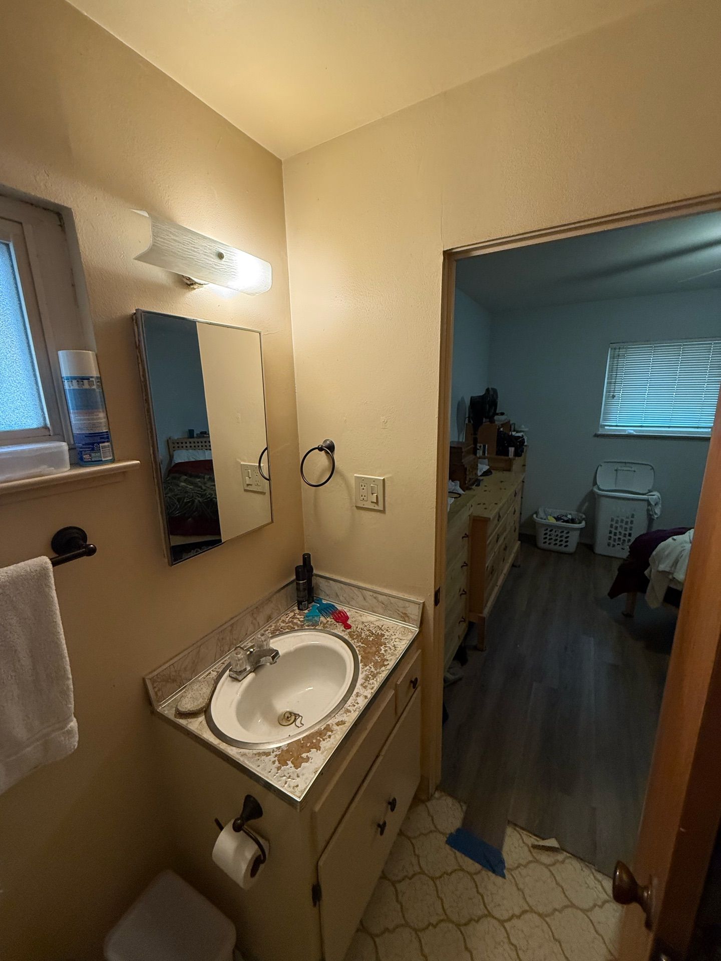 Pre-renovation bathroom view showing worn vanity countertop, beige walls, small mirror, and doorway leading to bedroom with hardwood floors.