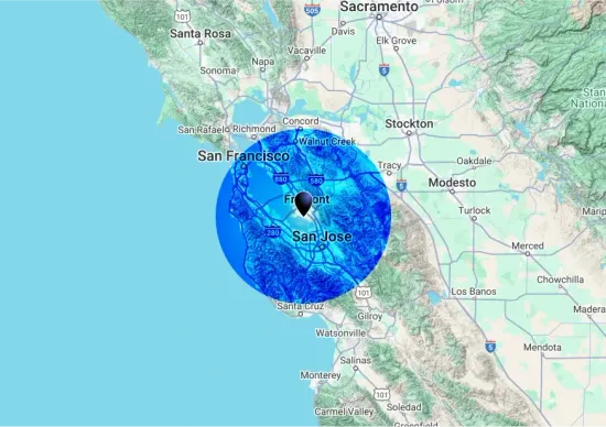 A map of california with a circle in the middle of it.