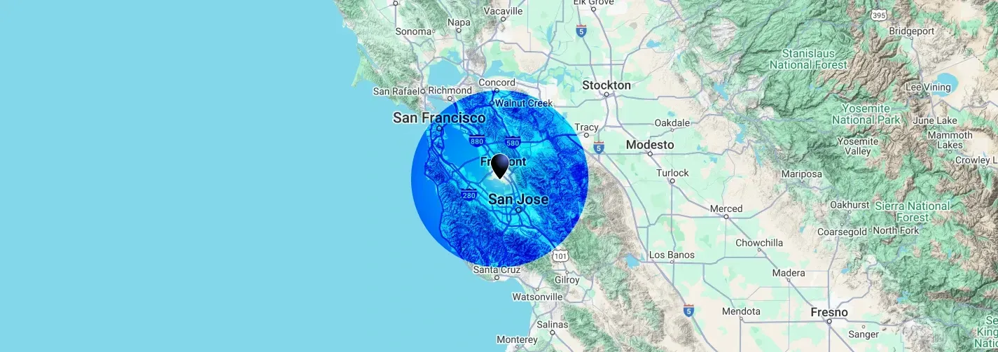 A map of the united states with a blue circle in the middle.