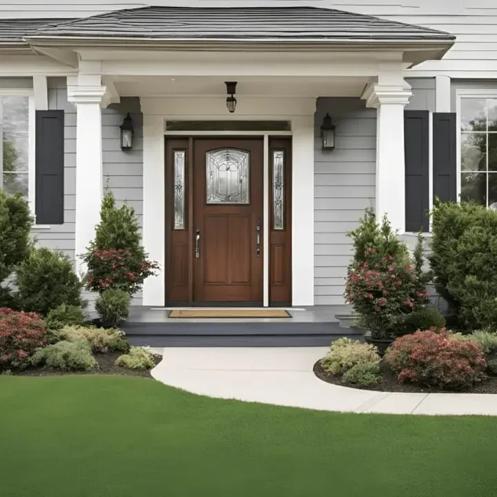 A house with a porch and a wooden door