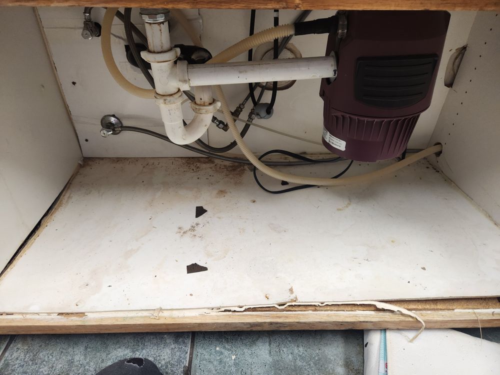 A cockroach is laying on its back on a wooden table.