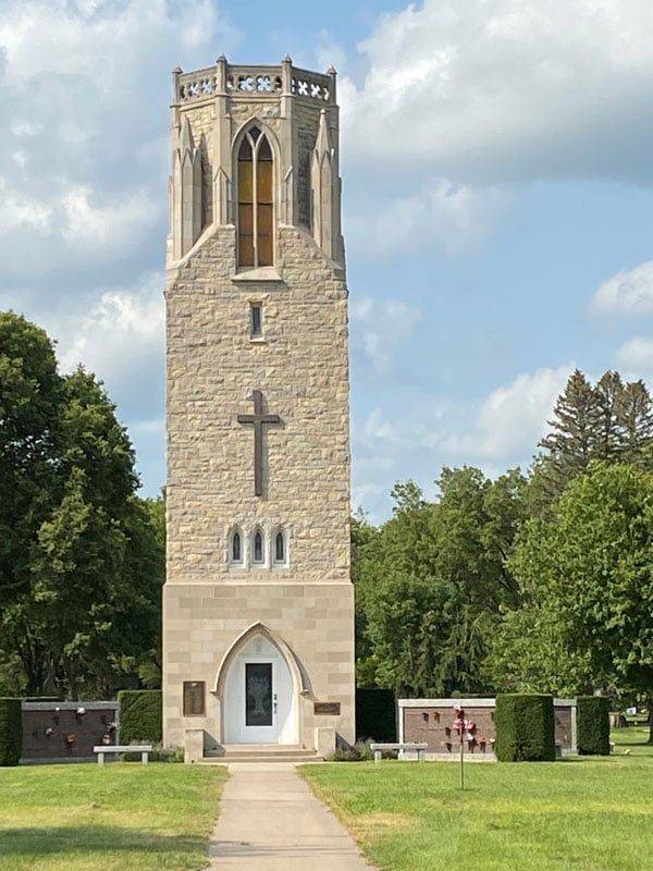 tulips in front of historic graves