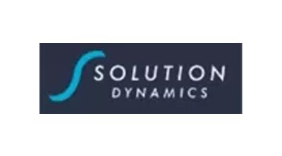 Logo for Solution Dynamics: Blue wave graphic next to dark blue rectangle with white text 