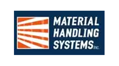 Logo for Material Handling Systems Inc., orange and white lines, blue background.