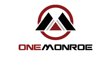 Logo for One Monroe: red circle with black and white mountain peaks and the words 