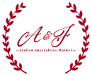 Maroon A&F logo in script, framed by olive branches, with “Italian Specialties Market” beneath