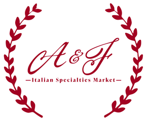 Maroon A&F logo in script, framed by olive branches, with “Italian Specialties Market” beneath