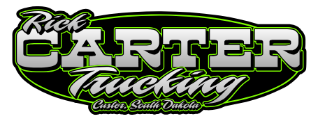 Rick Carter Trucking logo: Text on a black and green background,