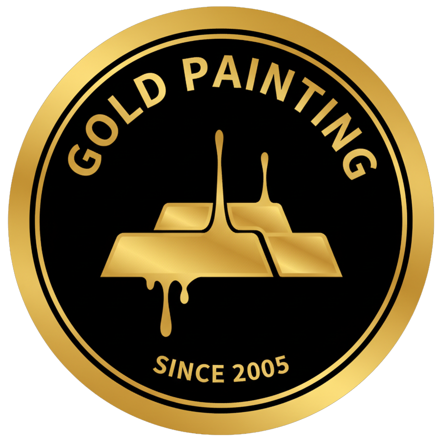 Gold-colored logo for Gold Painting, with gold bars dripping paint inside a black circle. "Gold Painting since 2005" text.