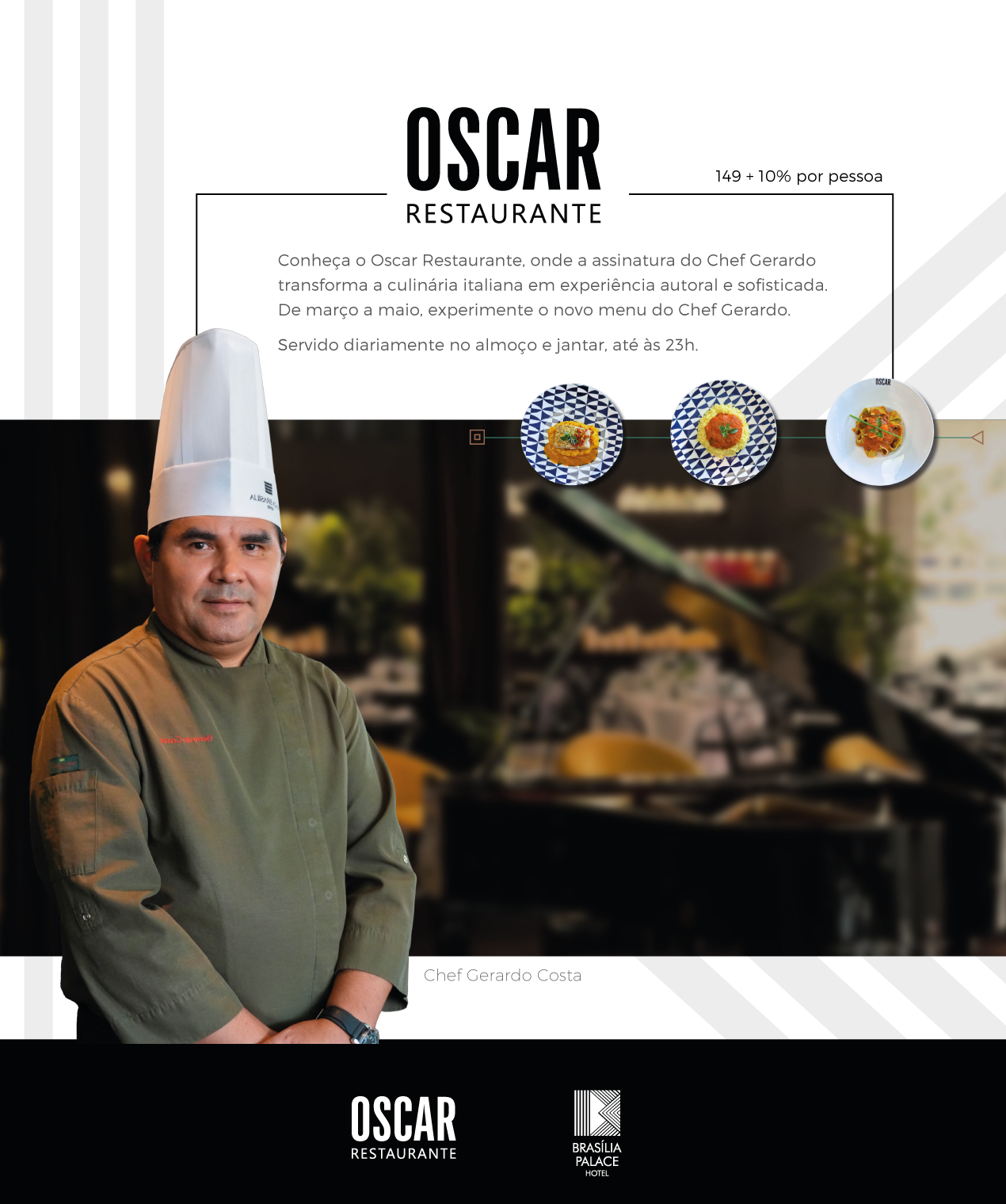 Menu do Chef com entrada, prato principal e sobremesa por R$ 120,00 + 10%.