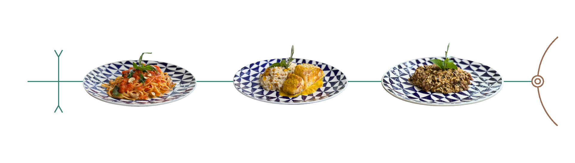 Três pratos de comida, cada um com um prato diferente. Os pratos são brancos com padrões azuis.