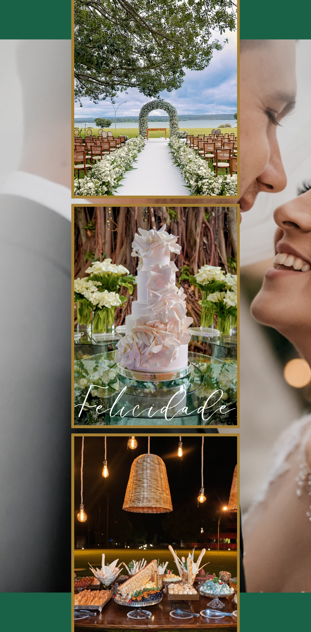 Cenas de casamento: cerimônia à beira-mar, bolo e casal feliz.