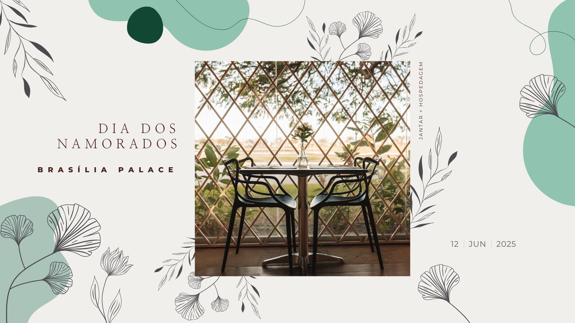 Mesa de restaurante para dois no Dia dos Namorados, com decoração floral, tons de verde claro e bege.