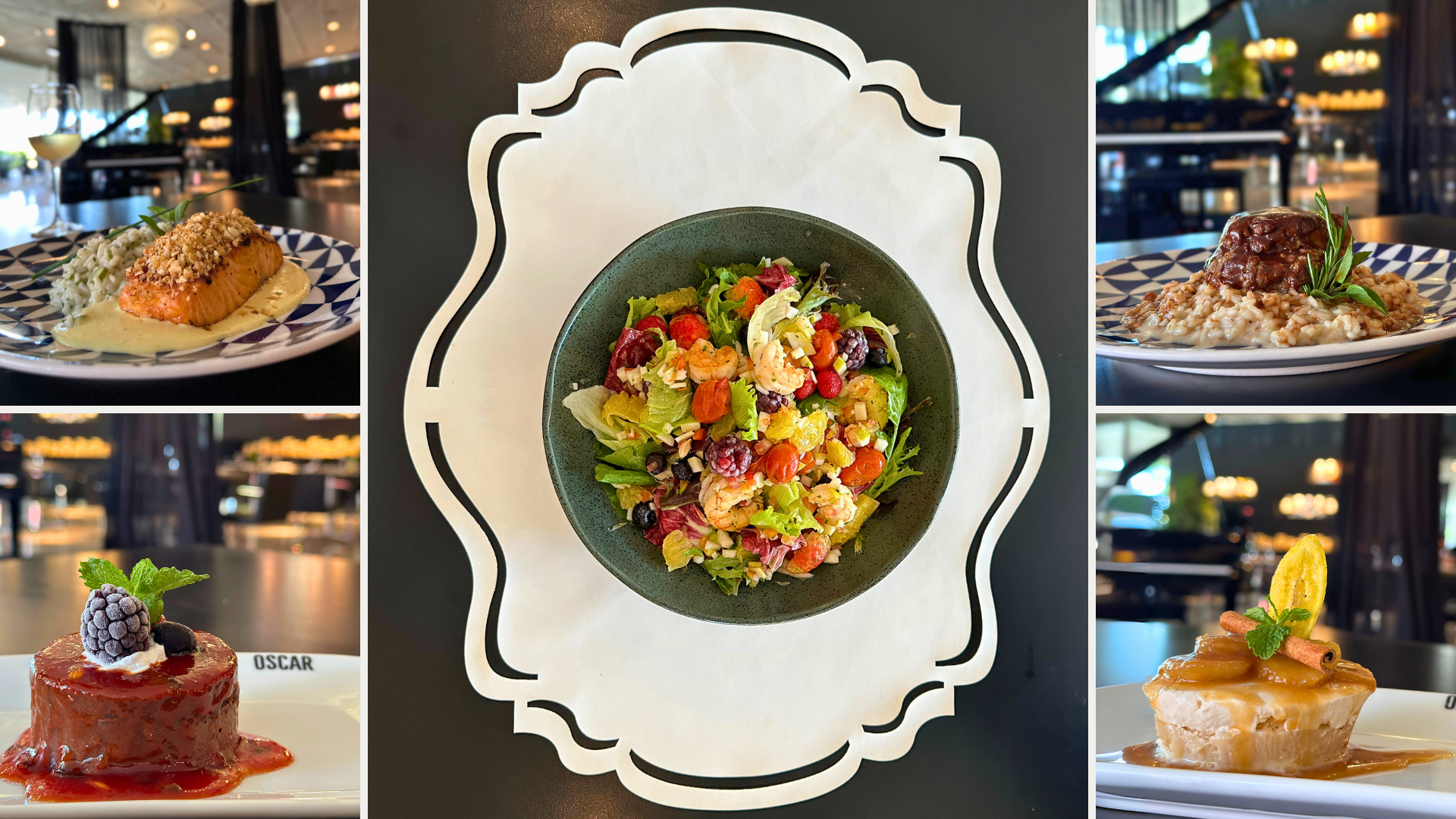 Colagem de pratos de restaurante, incluindo salada, carne e sobremesas, sobre uma mesa.