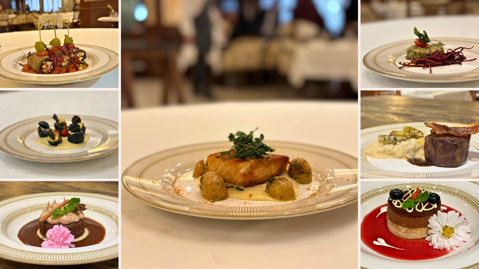 Close-up de sete pratos gourmet com guarnições, dispostos sobre uma mesa.