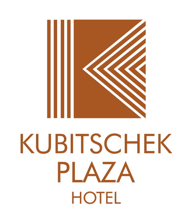 Logotipo do Kubitschek Plaza Hotel: Quadrado marrom com um design em forma de K e texto abaixo.