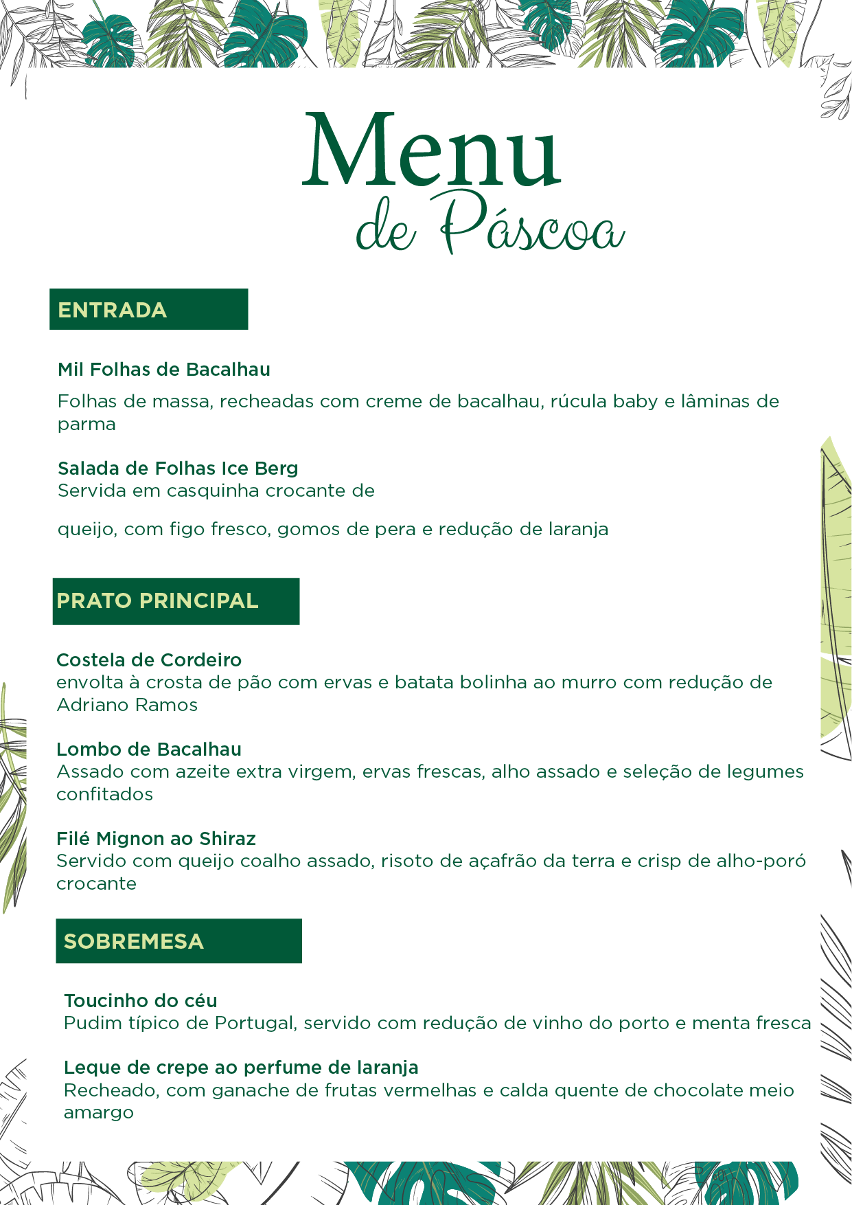 Cardápio de Páscoa com texto em fundo branco, detalhes em verde e bordas de folhas tropicais.