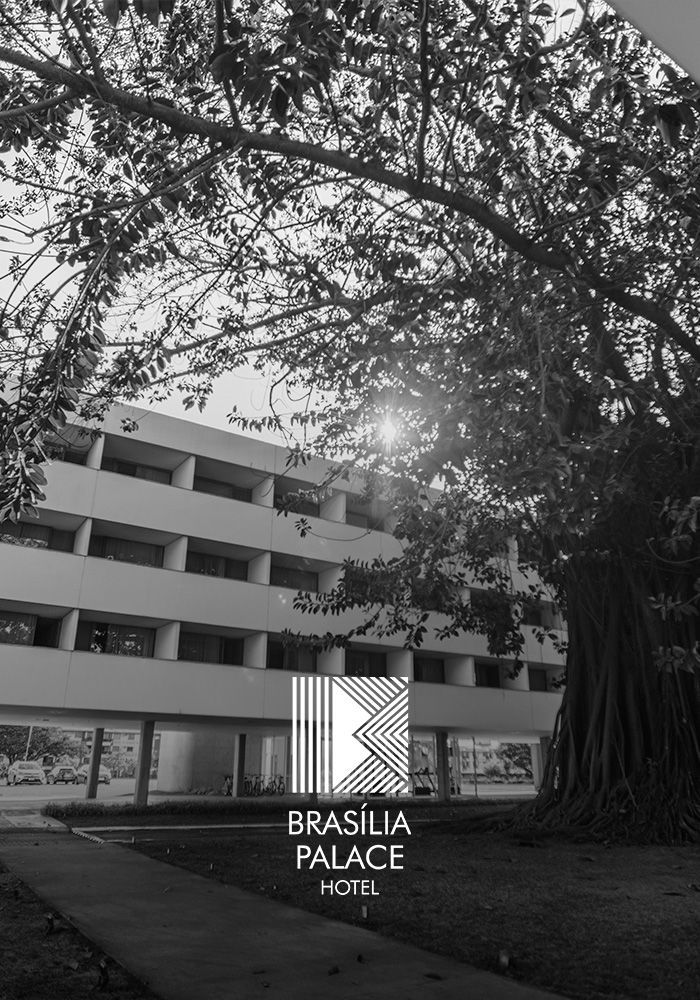 Exterior do Hotel Brasília Palace, com um edifício moderno parcialmente escondido por uma grande árvore. O sol brilha através dos galhos.