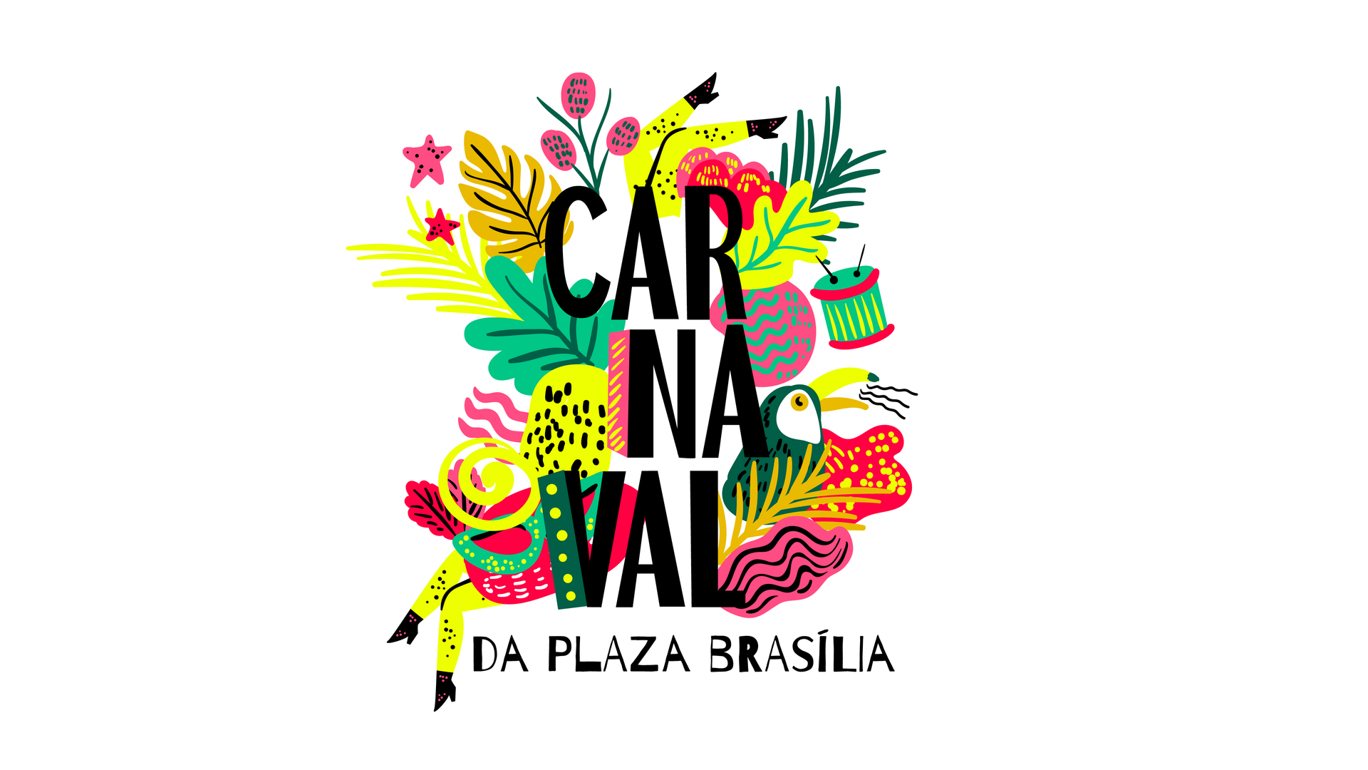 Logotipo do Carnaval da Plaza Brasília com folhagens coloridas e texto.