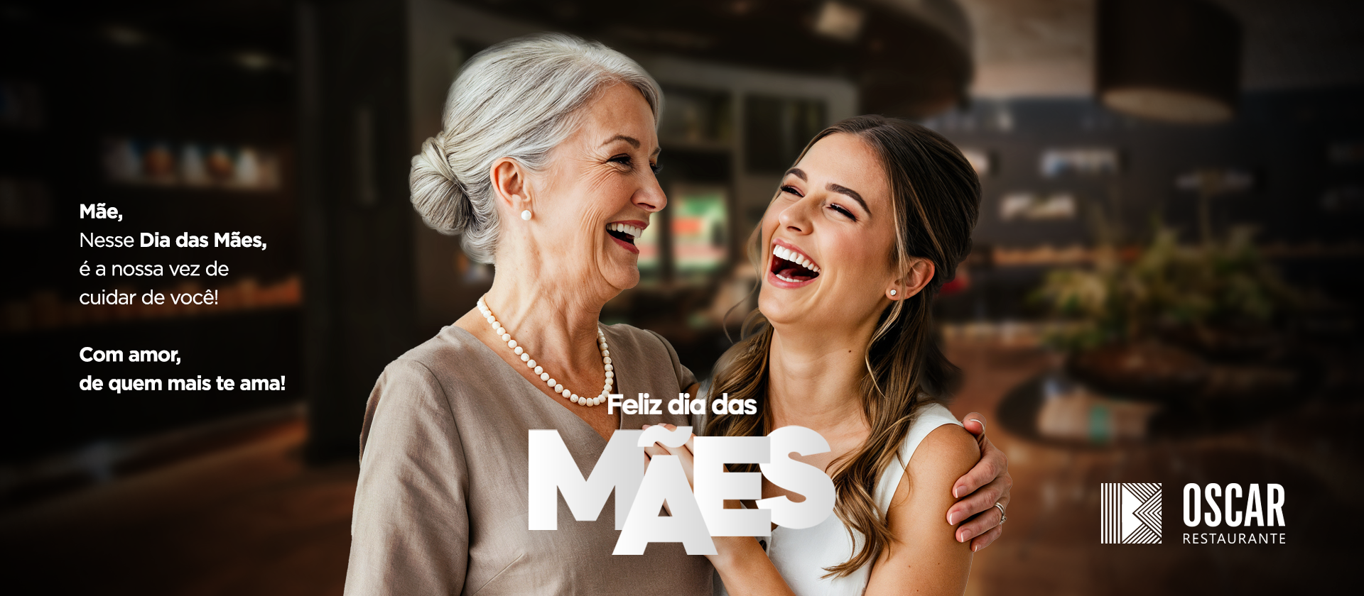 Mother and daughter laughing, embracing. Text 