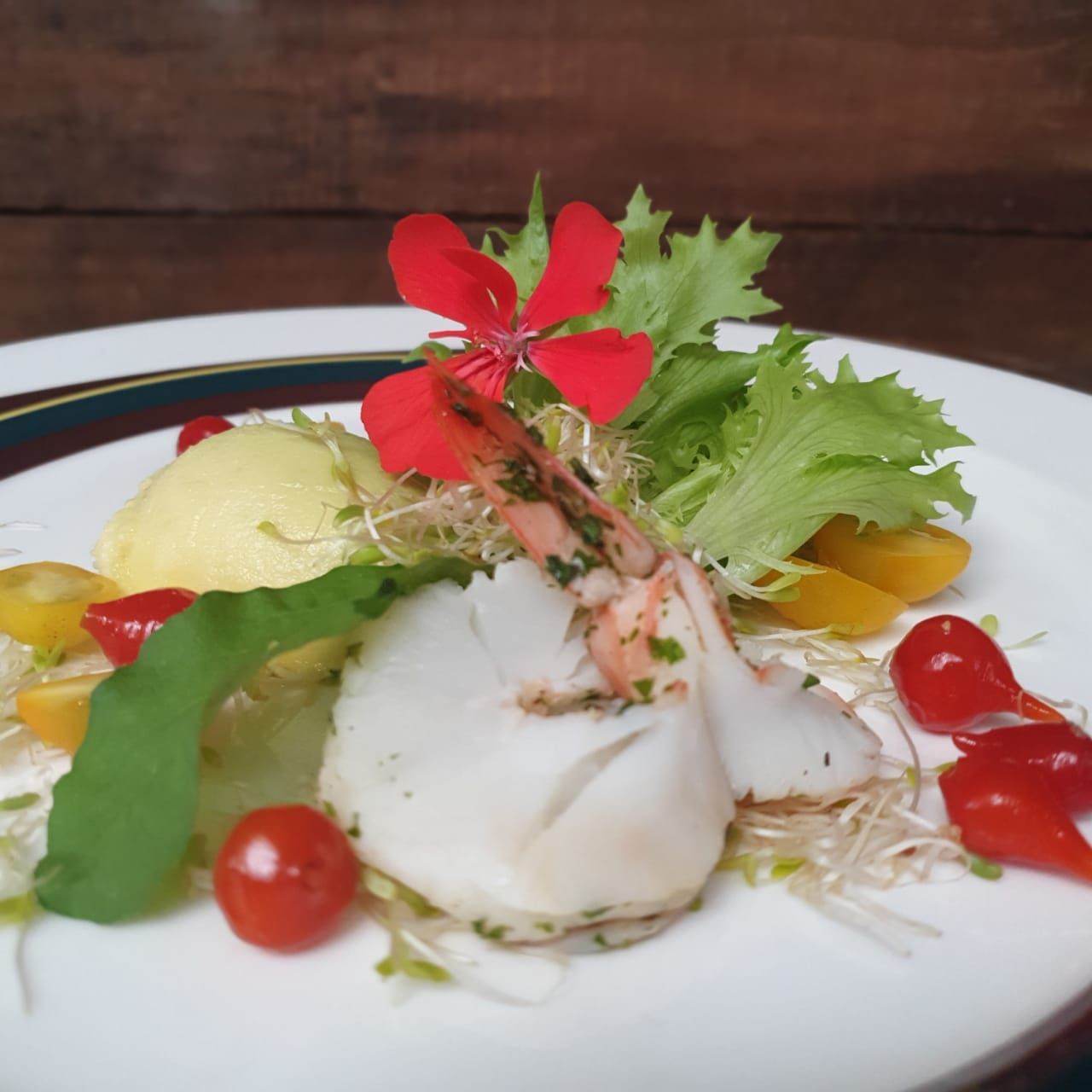 Aperitivo de frutos do mar: camarão, peixe branco, purê amarelo, tomate, alface, flor vermelha em prato branco.