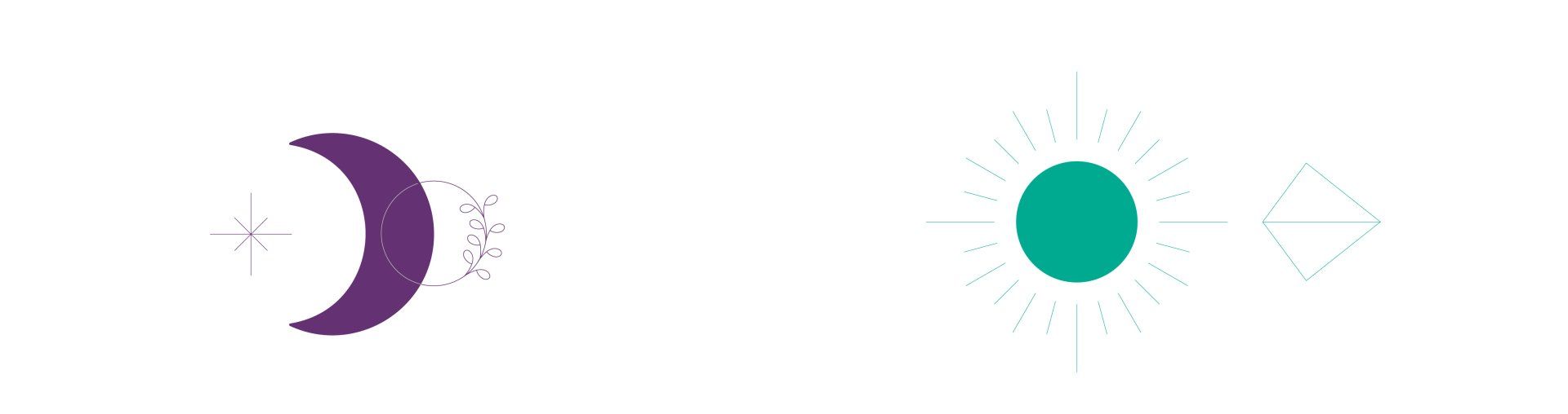 Lua crescente roxa, sol azul-petróleo e diamantes brancos.