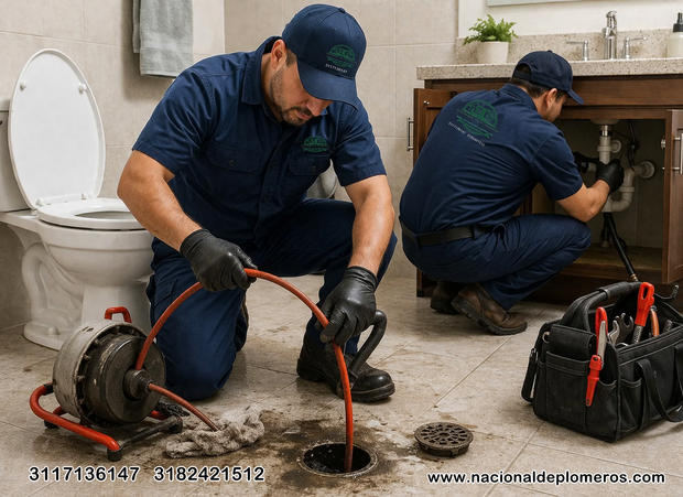 Fontanero reparando tuberías debajo del fregadero con herramientas y mangueras en un armario de baño.