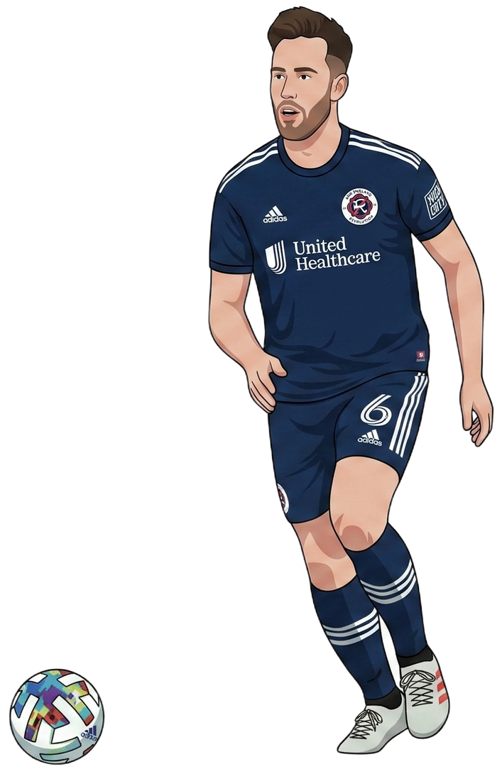 An illustrated soccer player in a blue uniform with the number 6, dribbling a colorful soccer ball.