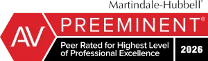 AV Preeminent 2013 Martindale-Hubbell rating. Award for ethical standards and legal ability. Red logo.