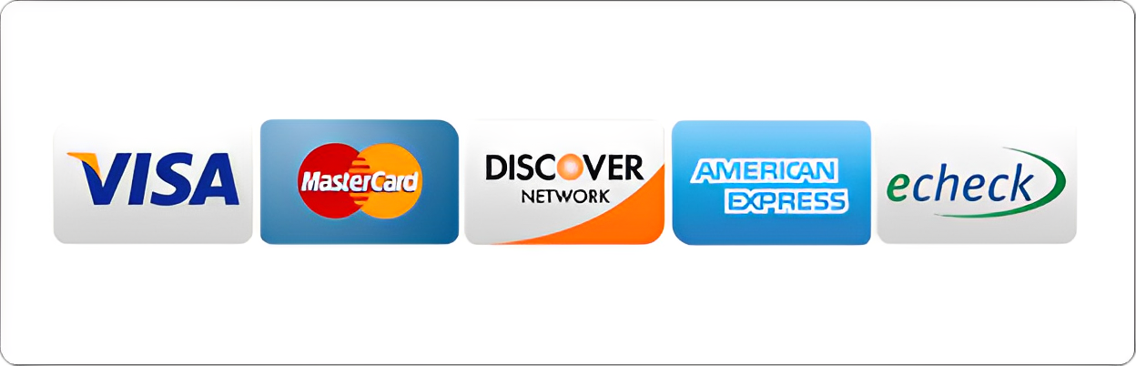 Logos for Visa, Mastercard, Discover, American Express, and echeck payment methods.