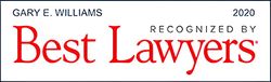 "Gary E. Williams, Best Lawyers 2020. Red text on a white background, in a black outline."