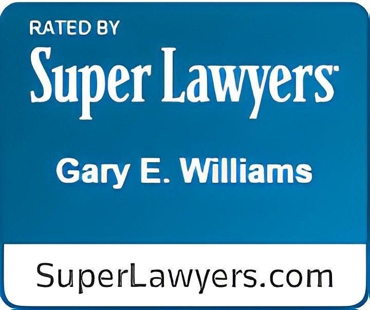 Blue badge for Super Lawyers rating, Gary E. Williams. Includes SuperLawyers.com URL.