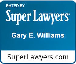 Blue badge for Super Lawyers rating, Gary E. Williams. Includes SuperLawyers.com URL.