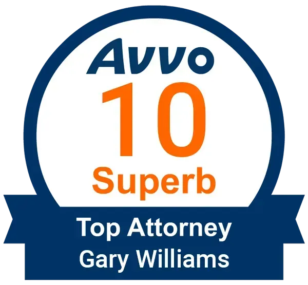 Blue badge for Super Lawyers rating, Gary E. Williams. Includes SuperLawyers.com URL.