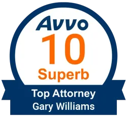Blue badge for Super Lawyers rating, Gary E. Williams. Includes SuperLawyers.com URL.