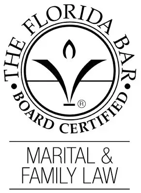 The Florida Bar logo: Board Certified in Marital & Family Law. Black and white circular seal with stylized design.